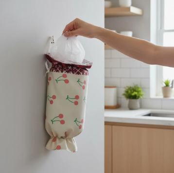 puxa-saco de tecido é prático, bonito e ajuda a manter a cozinha sempre organizada.